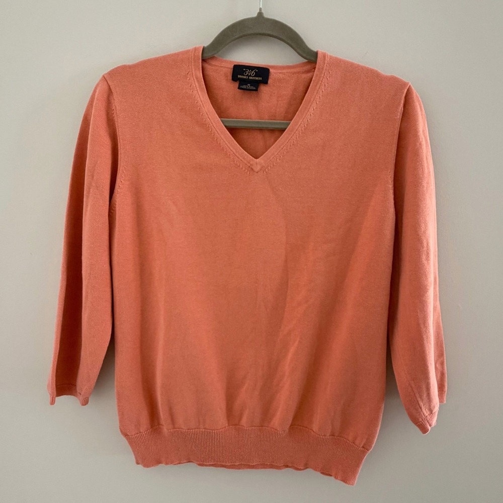 Brooks Brothers 346 Silk Cotton V-Neck Sweater Coral Orange 3/4 Sleeve M Classic